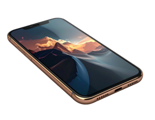Gold-framed sleek mobile device angled, showcasing a scenic wallpaper, isolated on black