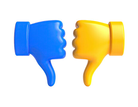 3D-rendered thumbs-down emoji, blue and yellow, against black background