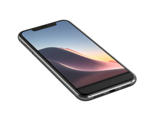 Sleek phone with landscape wallpaper, angled against a black background