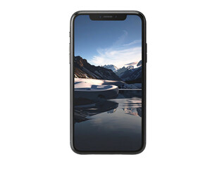 Modern smartphone displaying a snowy landscape with reflective water