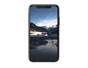 Modern smartphone displaying a snowy landscape with reflective water