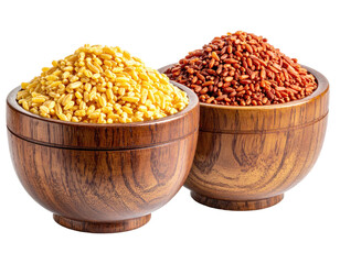 Two wooden bowls filled with grains.  One bowl holds yellow grains, the other red grains