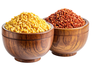 Two wooden bowls filled with grains.  One bowl holds yellow grains, the other red grains