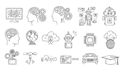 Vector art of collection of icons representing artificial intelligence, machine learning, and technology concepts