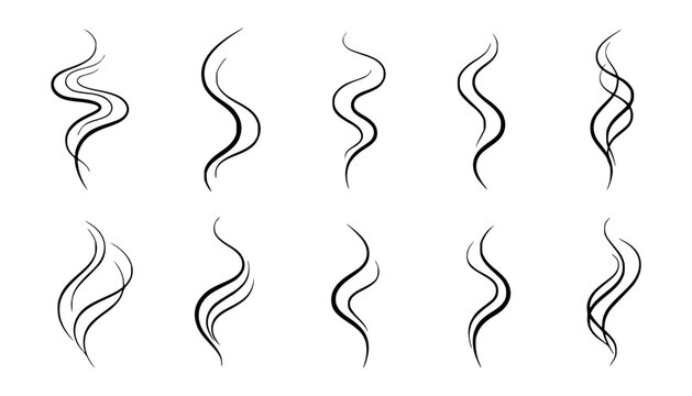 Vector art of set of ten handdrawn wavy lines representing smoke or steam