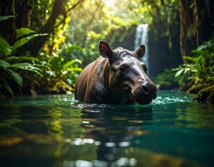 Fototapeta premium Dark rhino-like creature in lush jungle stream