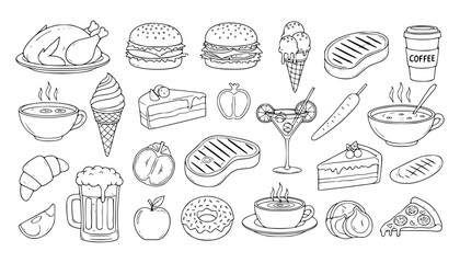 Vector art of collection of handdrawn food and drink illustrations, , featuring meals and desserts