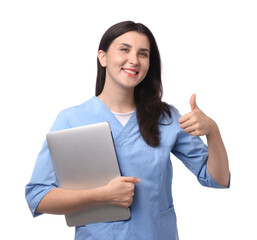 Nurse with laptop showing thumbs up on white background
