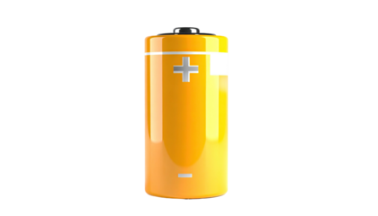 A single, cylindrical, yellow battery with positive and negative symbols, on black