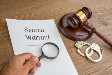 Paper displaying 'Search Warrant', placed beside a gavel and shiny metal handcuffs on modern wooden table background, with a male hand holding magnifying glass