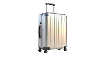 Shiny, silver, upright luggage with retractable handle and small wheels against black