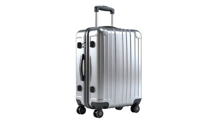 Gleaming silver carry-on suitcase with retractable handle, four wheels, black accents