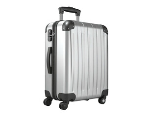 Shiny silver, wheeled travel case stands against a black background, handle extended