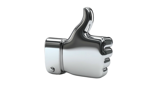 Shiny, chrome thumbs-up gesture icon floating against a black background