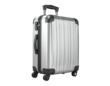 Shiny silver, wheeled travel case stands against a black background, handle extended