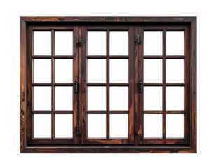 Dark brown wooden window with multiple panes