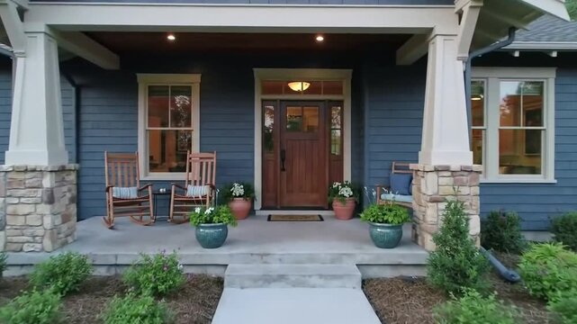 A welcoming front porch of a blue house with wooden accents and potted plants.