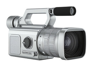 Metallic video camera, angled view, with lens, microphone and controls, on black
