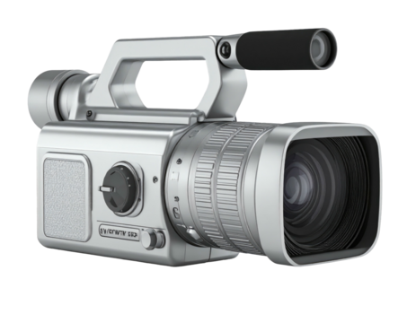 Metallic video camera, angled view, with lens, microphone and controls, on black