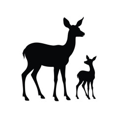 Silhouette of a doe and her fawn standing gracefully on white background, deer with young fawn in spring silhouette vector illustration