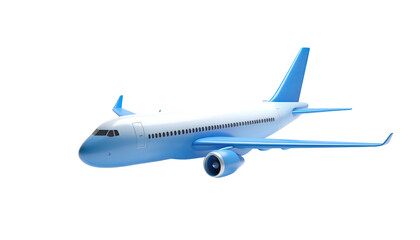 A passenger jet, light blue and white, isolated against a stark black backdrop