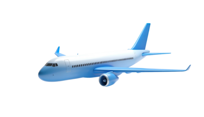A passenger jet, light blue and white, isolated against a stark black backdrop