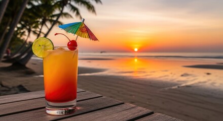 Tropical Sunset Cocktail on Beach Table.