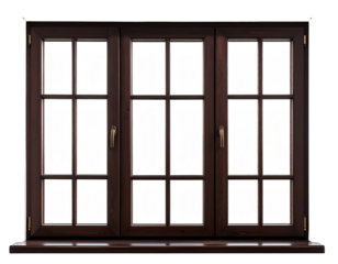 Dark brown triple window with divided panes