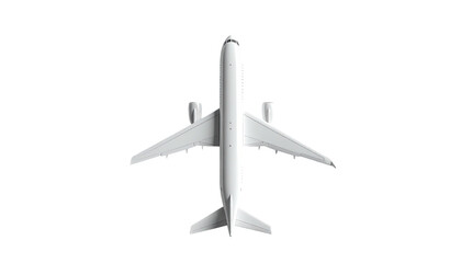 A sleek, white passenger jet viewed from above, centered on a stark black background