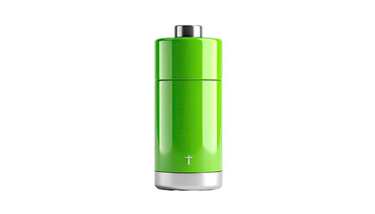 Cylindrical battery with a vibrant green upper portion and a silver base, fully charged