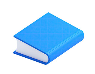 A blue, cartoon-style book, tilted at a slight angle, with a white page edge
