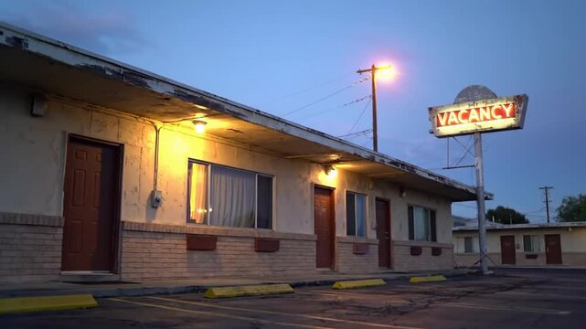 An old motel with a vacancy sign stands under a dim street light at dusk.