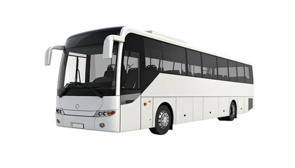 A white passenger vehicle with tinted windows, designed for long-distance travel