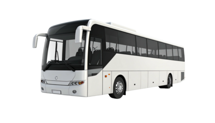 A white passenger vehicle with tinted windows, designed for long-distance travel