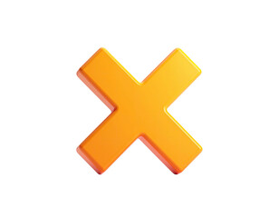 A glossy orange "X" floats against a stark black backdrop, 3D rendered