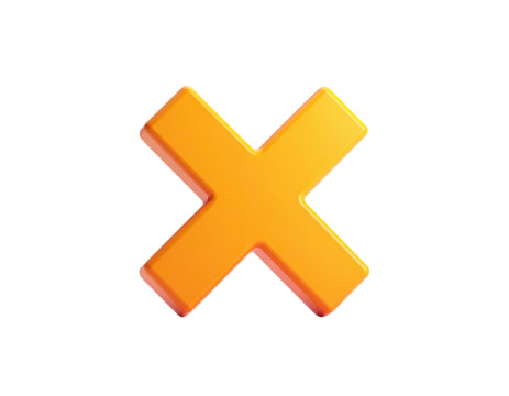A glossy orange "X" floats against a stark black backdrop, 3D rendered