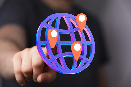 Hand points at a digital globe with location pins, symbolizing global reach, connectivity, and worldwide presence.