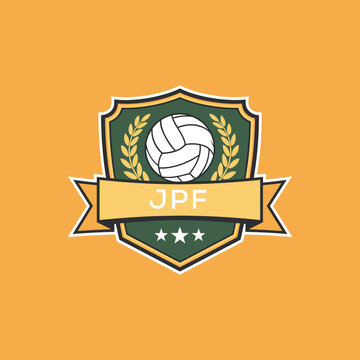 JPF Volleyball Logo Design JPF Modern Sports Shield Emblem with Ball, Laurel and Ribbon for Volleyball Club, JPF Tournament and Team Branding
