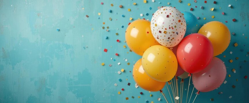 Nostalgic Celebration  Balloons and Vintage Confetti on a Teal Blue Distressed Background