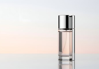 Elegant glass bottle of clear liquid with silver cap on reflective surface