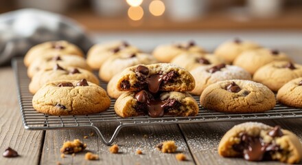 Freshly Baked Gooey Chocolate Chip Cookies on a Cooling Rack.