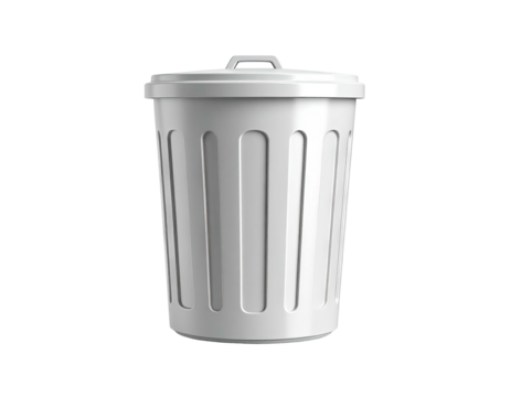 Realistic, white plastic waste bin, covered lid, on black backdrop, neutral
