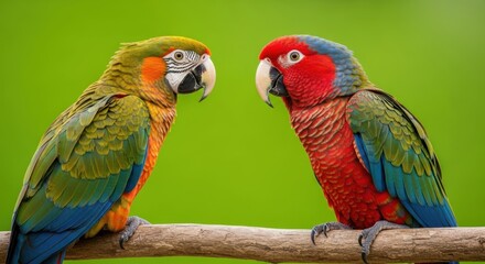 Obraz premium Colorful Macaws conversing intimately on a branch, set against a green background