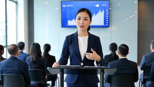 Young Asian Female Presenter Engaging Audience in Business Presentation