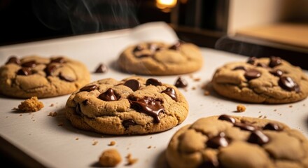 Warm Chocolate Chip Cookies on Baking Sheet.