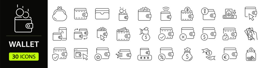Wallet set of web icons in line style. A collection of linear icons representing wallet concepts, including cash, credit cards, digital wallet, money, security, payment, mobile wallet. Editable stroke