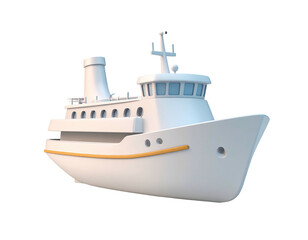 Simple, white, cartoon-style yacht with a curved hull and various deck levels