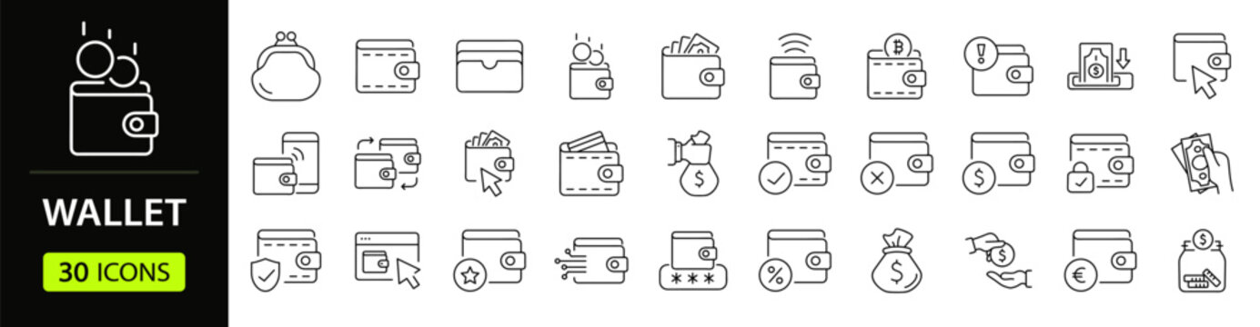 Wallet set of web icons in line style. A collection of linear icons representing wallet concepts, including cash, credit cards, digital wallet, money, security, payment, mobile wallet. Editable stroke