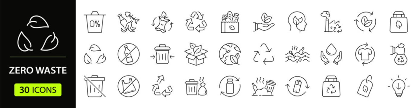 Zero Waste set of web icons in line style. A collection of eco linear icons, including recycling, waste management, composting, trash, pollution, landfill, composting, waste sorting. Editable stroke