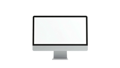 Silver computer monitor with a blank white screen, isolated against a black background